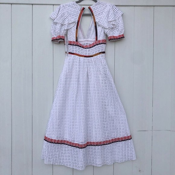 UO Madiera White Eyelet V Neck Midi Dress XS - Picture 8 of 12